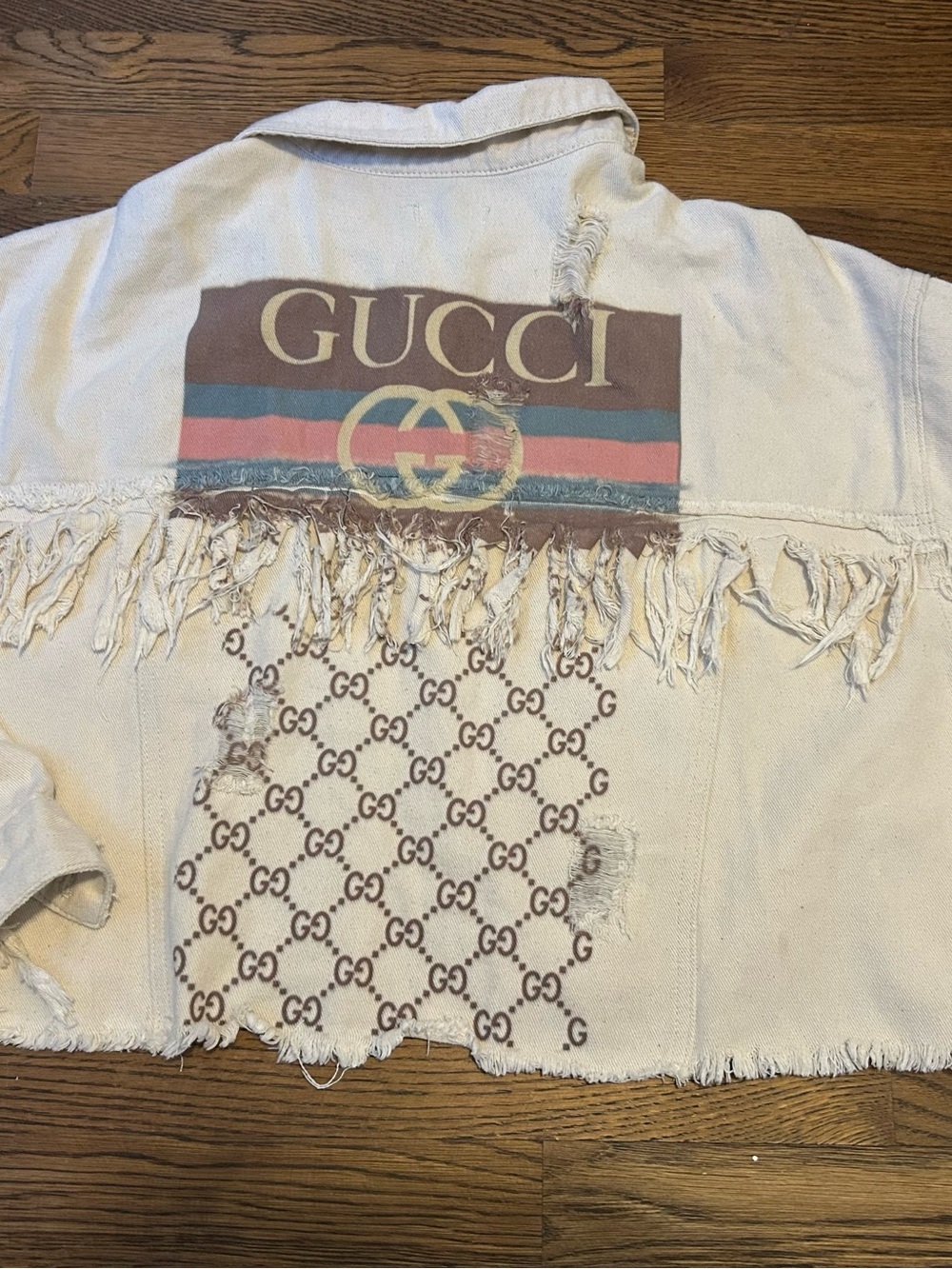 1 of a kind Beige Distressed Fall Jean Jacket Gucci like logo &fringe by xoxo,E